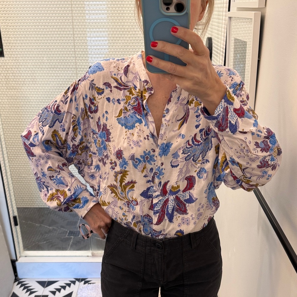 Isabel Marant Etoile Floral Button-Front Blouse in White and Blue